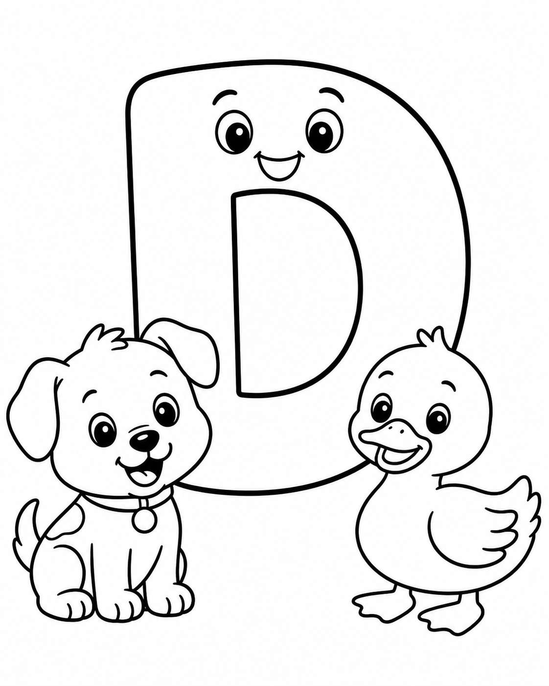 Letter D with Dog and Duck Coloring Page coloring page