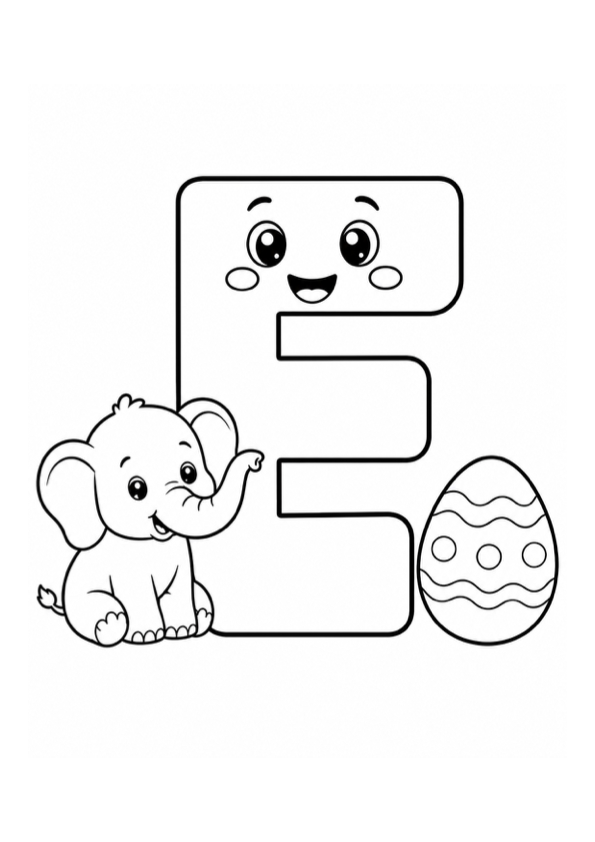 Letter E with Elephant and Egg Coloring Page preview