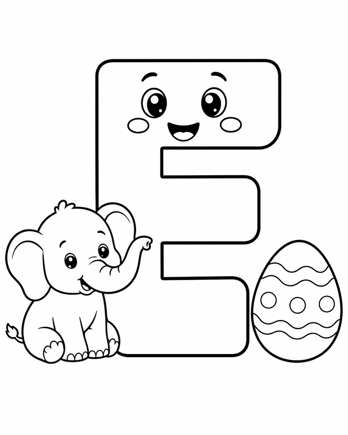 Letter E with Elephant and Egg Coloring Page coloring page