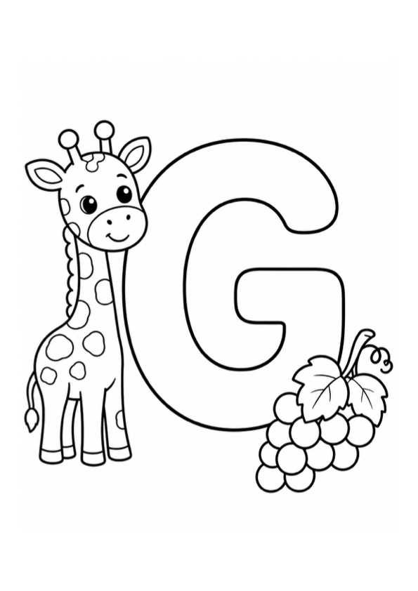 Letter G with Giraffe and Grapes Coloring Page preview