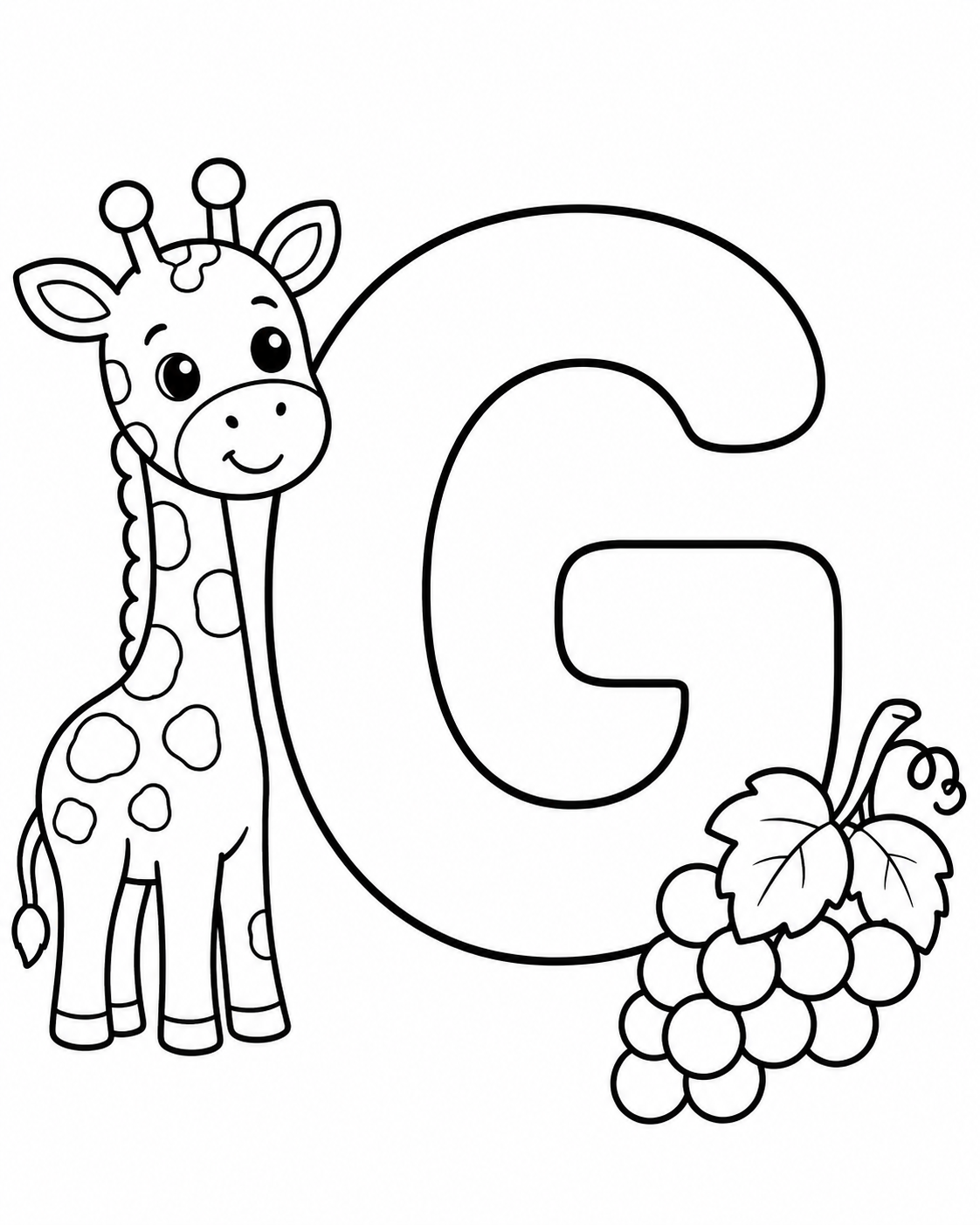 Letter G with Giraffe and Grapes Coloring Page coloring page