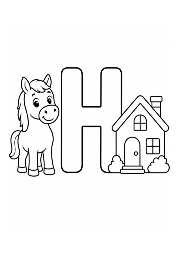Letter H with Horse and House Coloring Page preview
