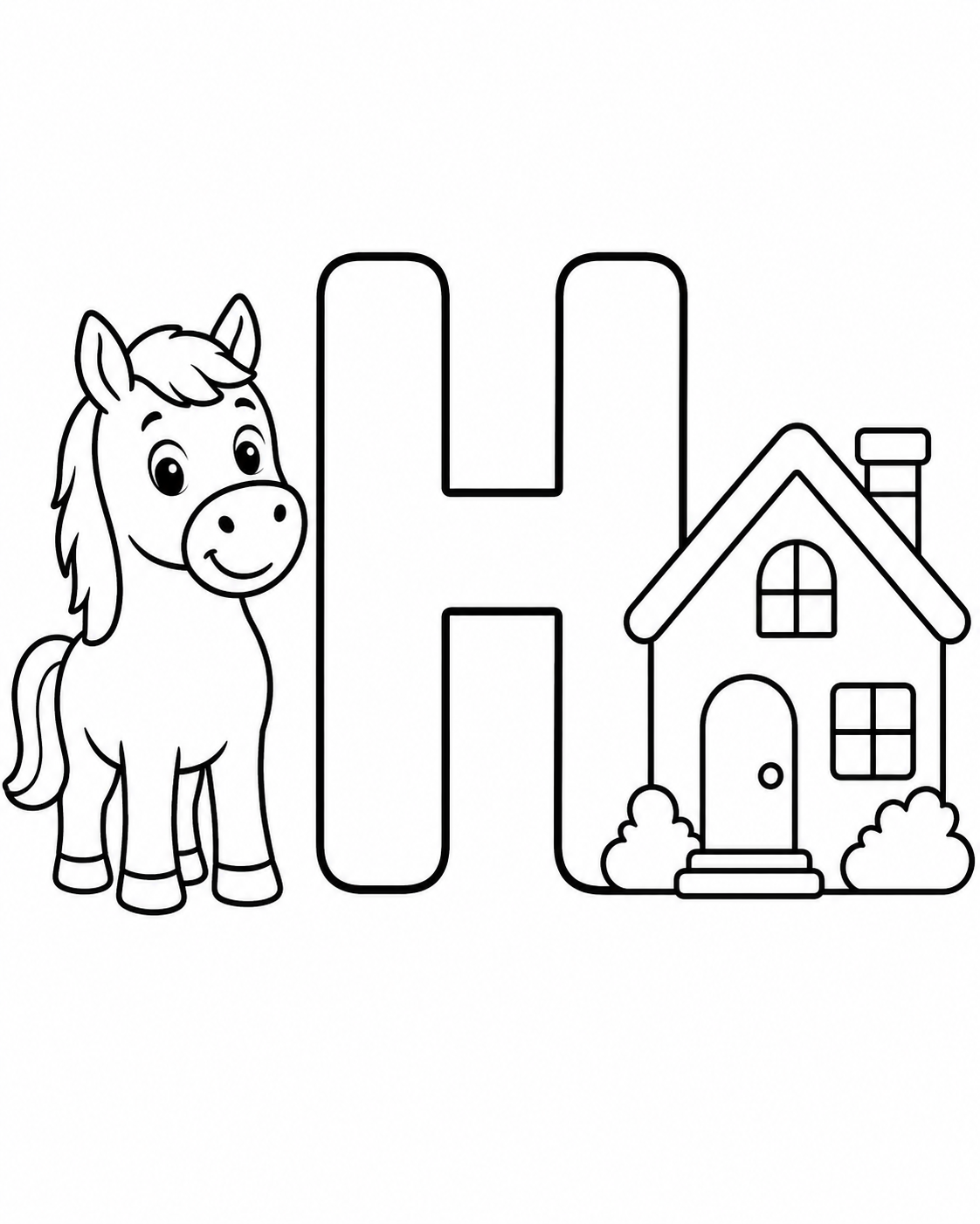 Letter H with Horse and House Coloring Page coloring page