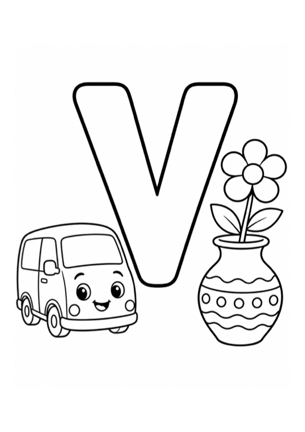 Letter V with Van and Vase Coloring Page coloring page preview