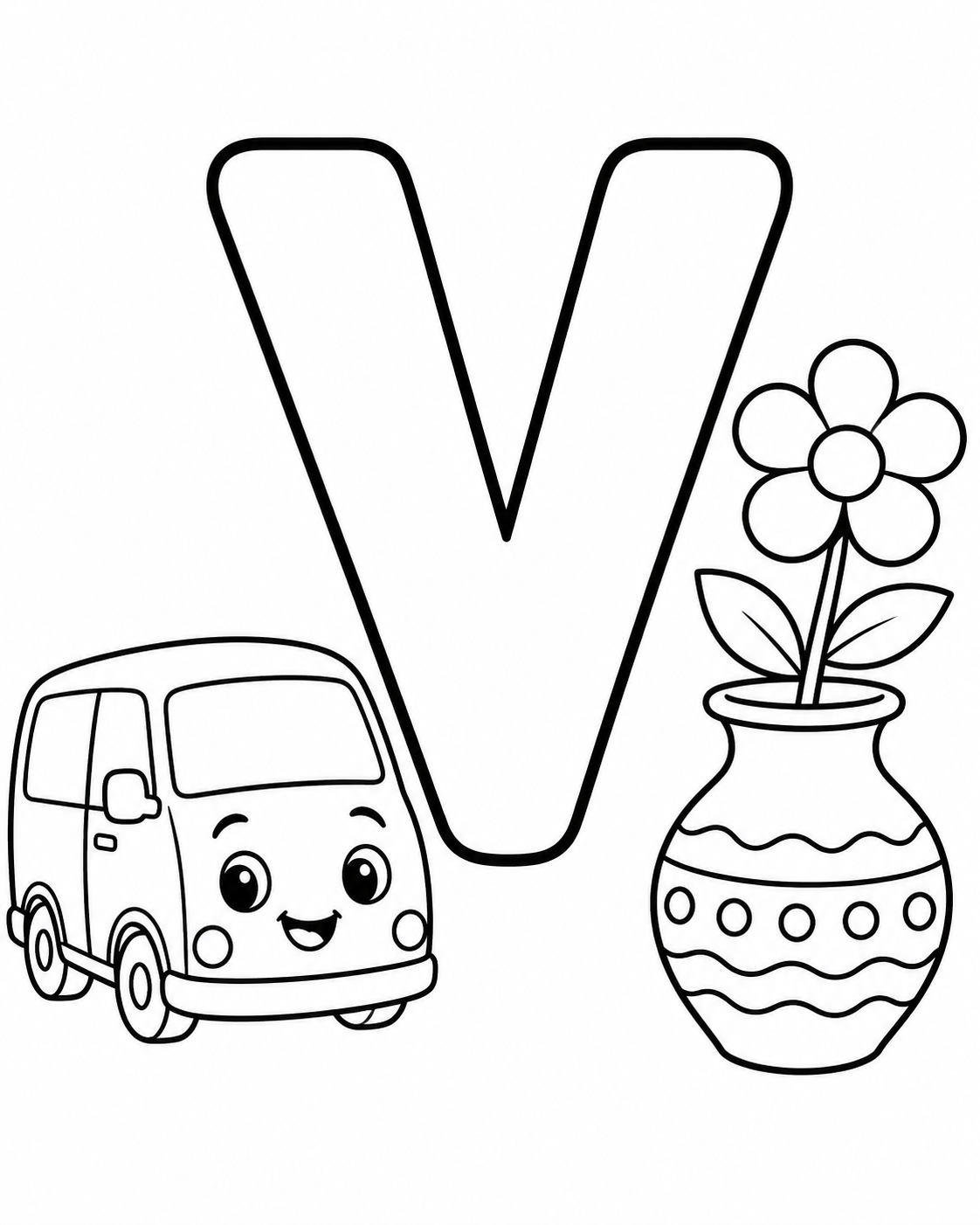 Letter V with Van and Vase Coloring Page coloring page