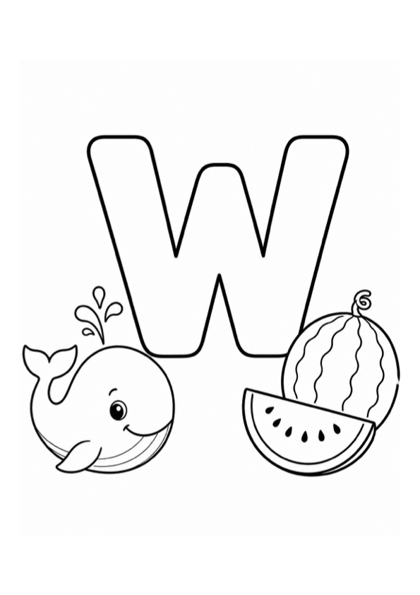 Letter W with Whale and Watermelon Coloring Page preview