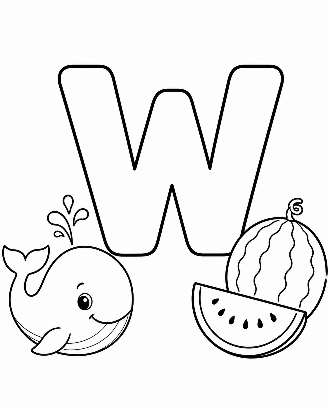 Letter W with Whale and Watermelon Coloring Page coloring page