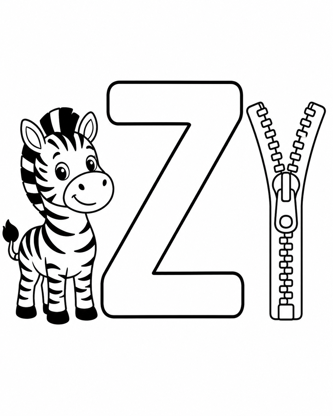 Letter Z with Zebra and Zipper Coloring Page coloring page