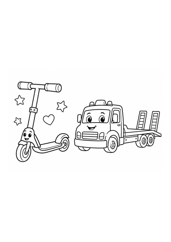 Cute Scooter and Tow Truck Coloring Page preview