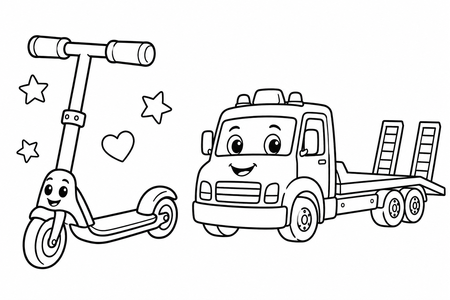 Cute Scooter and Tow Truck Coloring Page coloring page