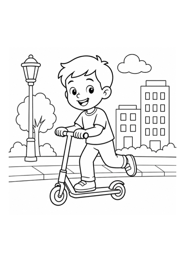 Boy Riding a Scooter in the City Coloring Page preview