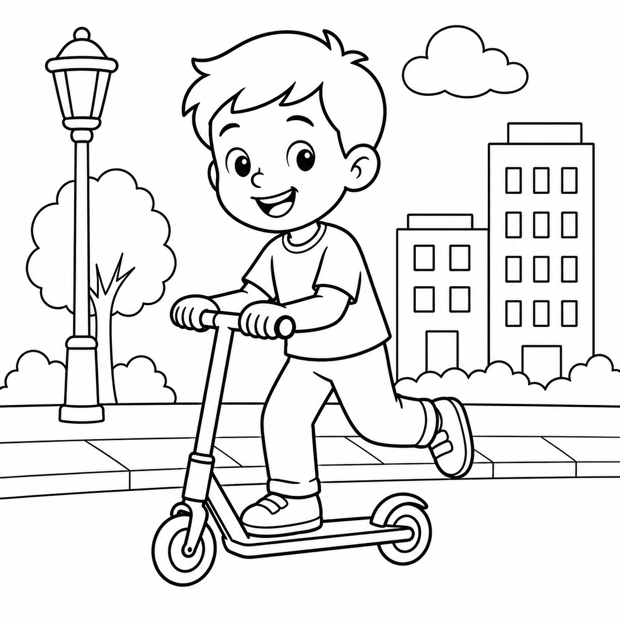 Boy Riding a Scooter in the City Coloring Page coloring page