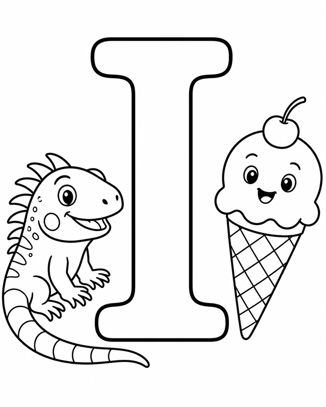 Letter I with Iguana and Ice Cream Coloring Page coloring page