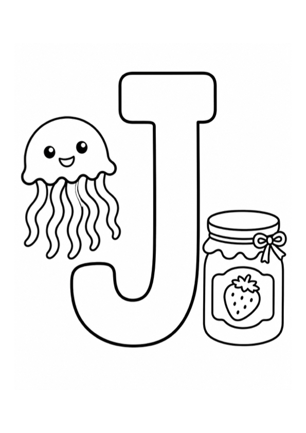 Letter J with Jellyfish and Jam Coloring Page preview