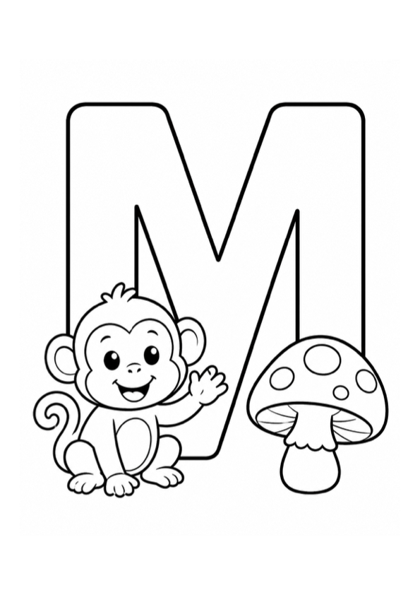 Letter M with Monkey and Mushroom Coloring Page preview