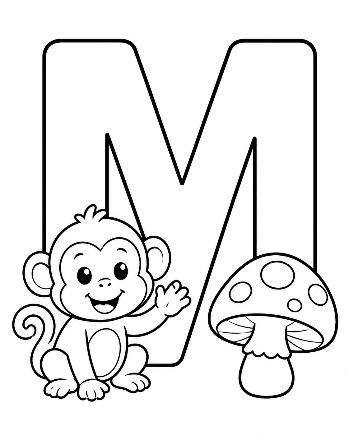Letter M with Monkey and Mushroom Coloring Page coloring page