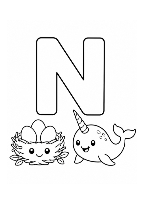 Letter N with Nest and Narwhal Coloring Page preview