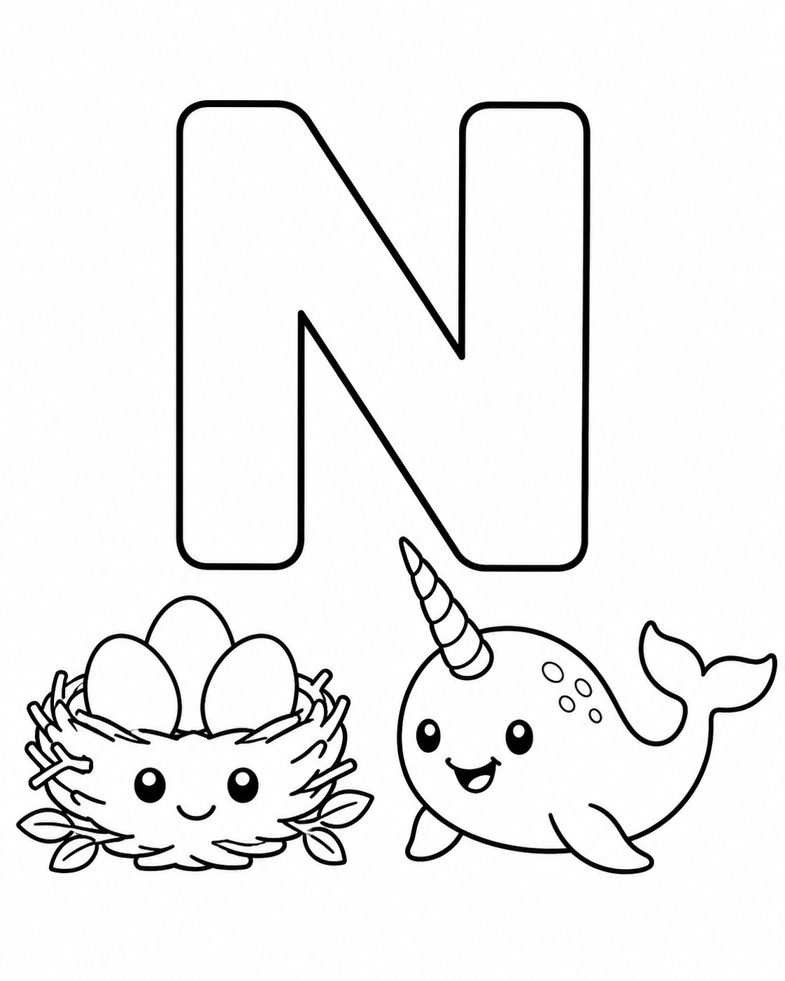 Letter N with Nest and Narwhal Coloring Page coloring page