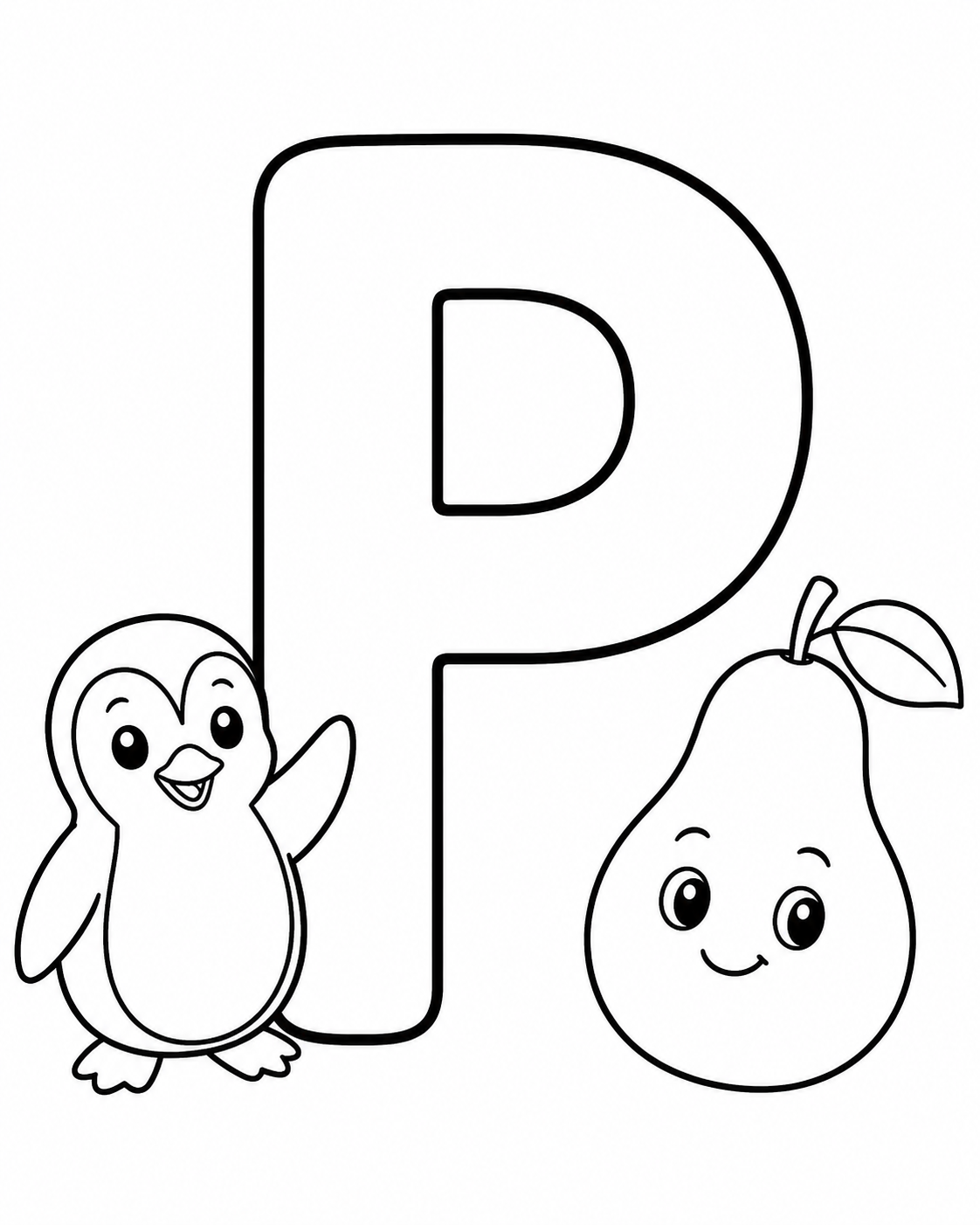 Letter P with Penguin and Pear Coloring Page coloring page