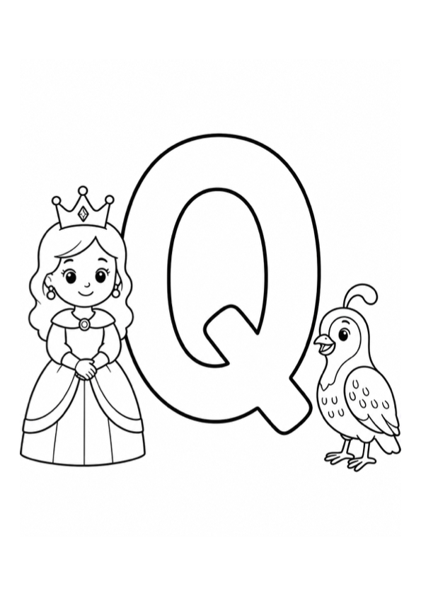 Letter Q with Queen and Quail Coloring Page preview