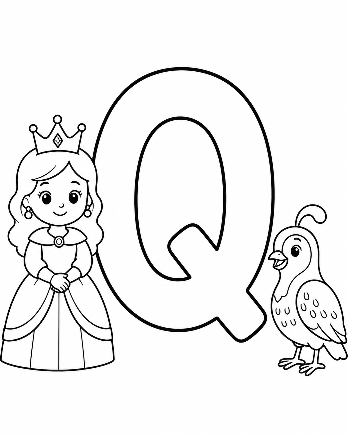 Letter Q with Queen and Quail Coloring Page coloring page