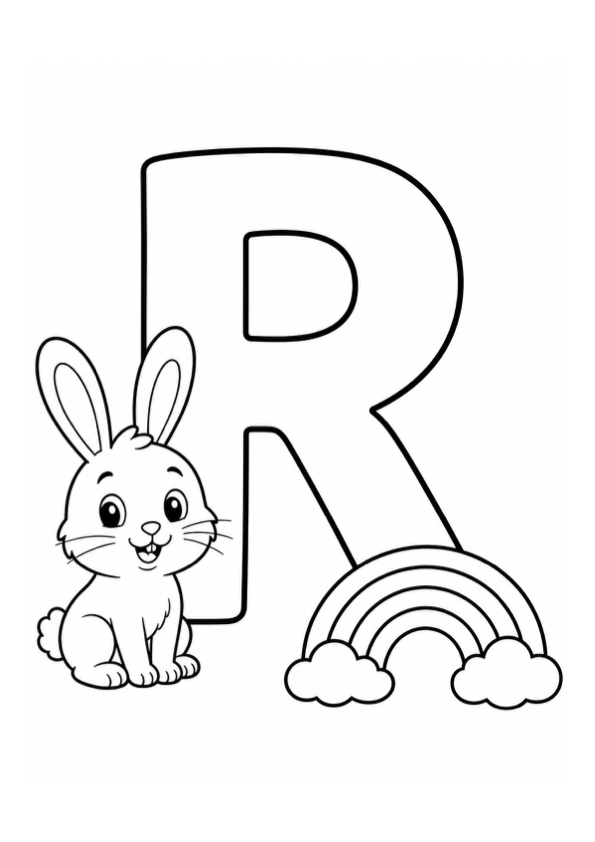 Letter R with Rabbit and Rainbow Coloring Page preview