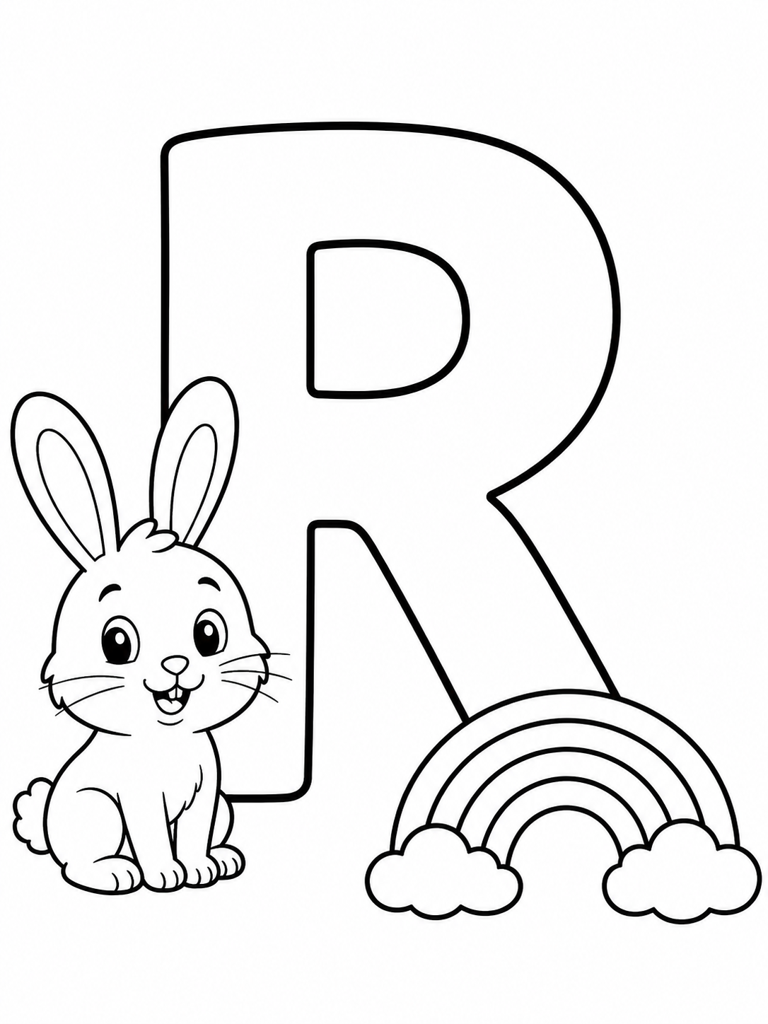 Letter R with Rabbit and Rainbow Coloring Page coloring page