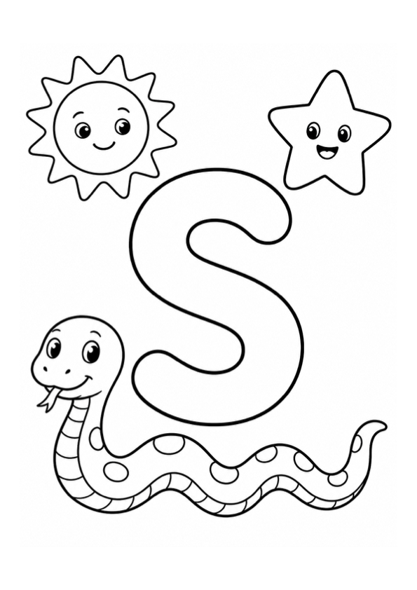 Letter S with Snake, Sun and Star Coloring Page preview