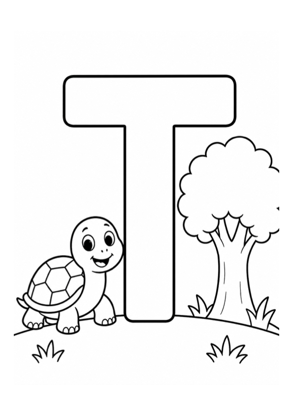 Letter T with Turtle and Tree Coloring Page coloring page preview