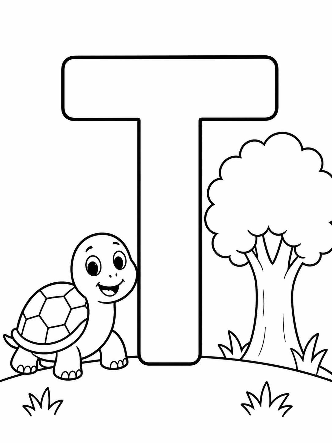 Letter T with Turtle and Tree Coloring Page coloring page