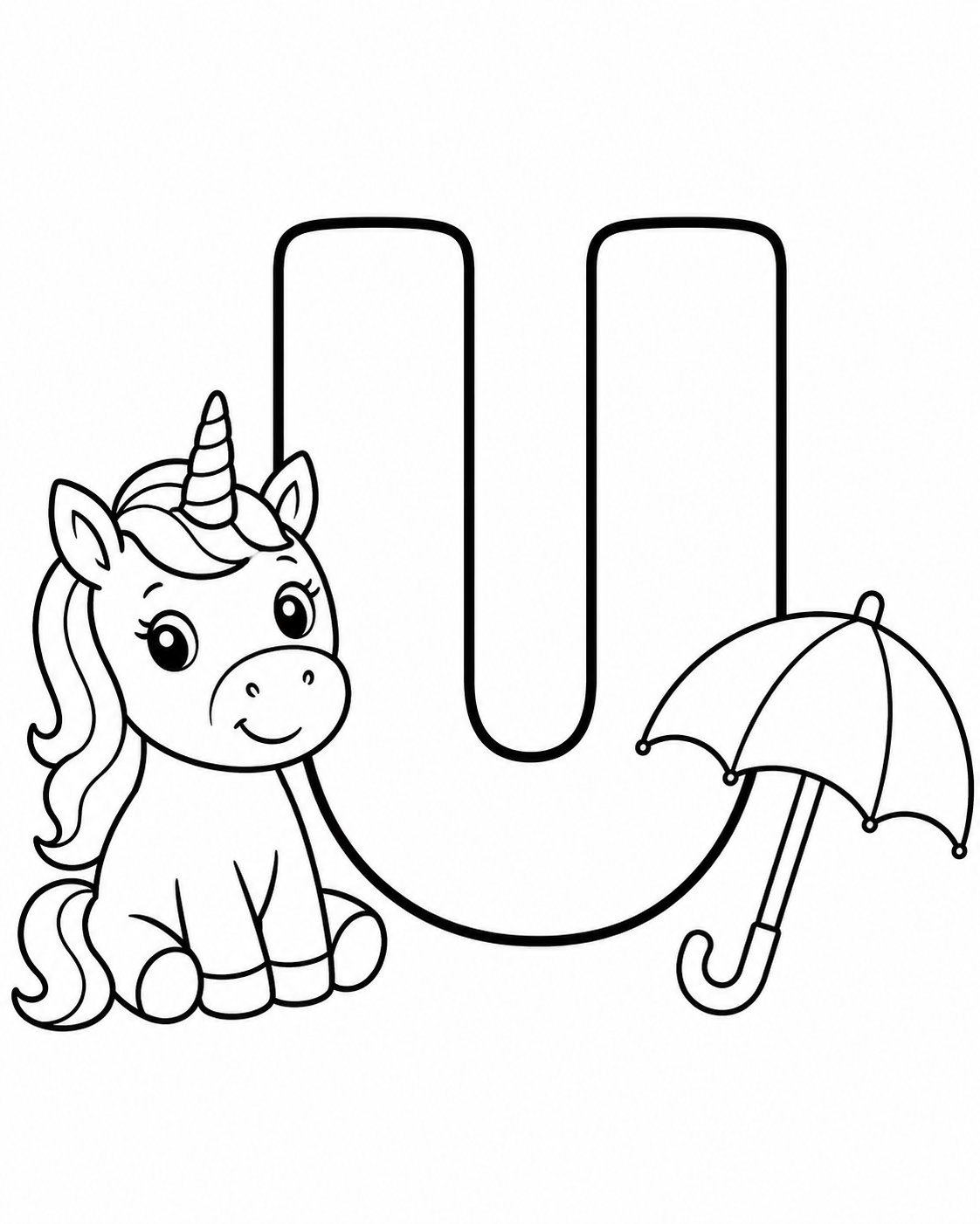 Letter U with Unicorn and Umbrella Coloring Page coloring page