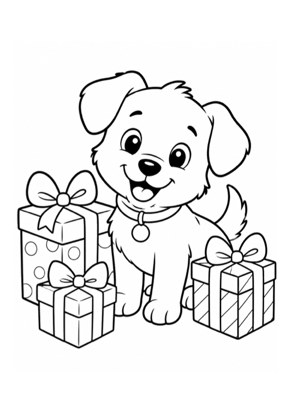 Cute Puppy with Presents Coloring Page preview