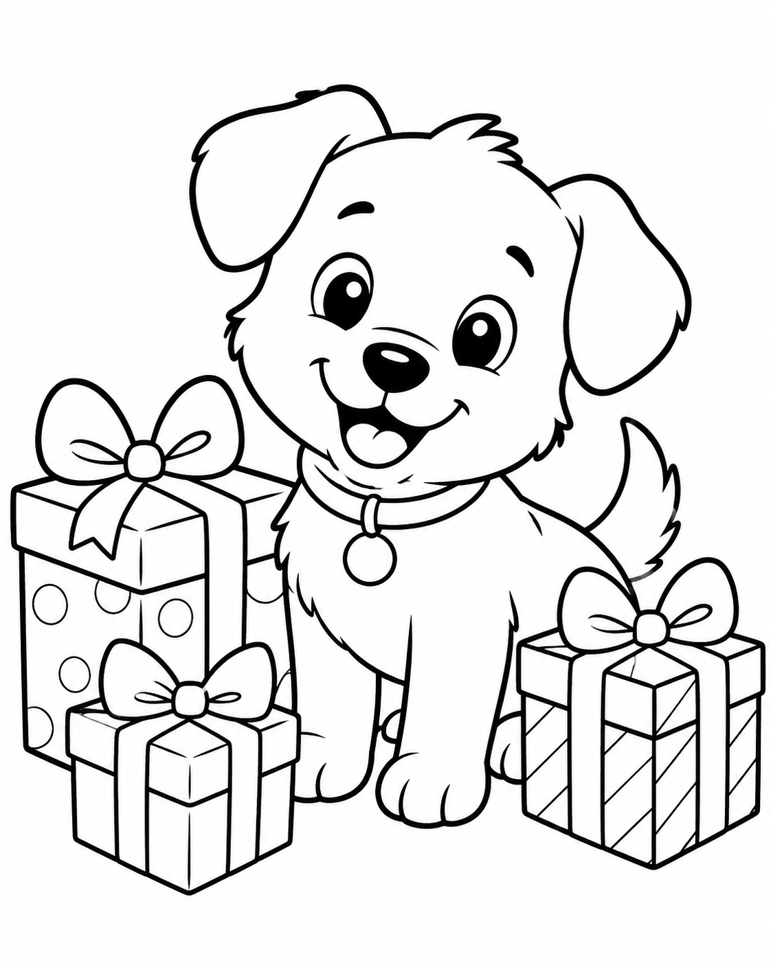 Cute Puppy with Presents Coloring Page coloring page