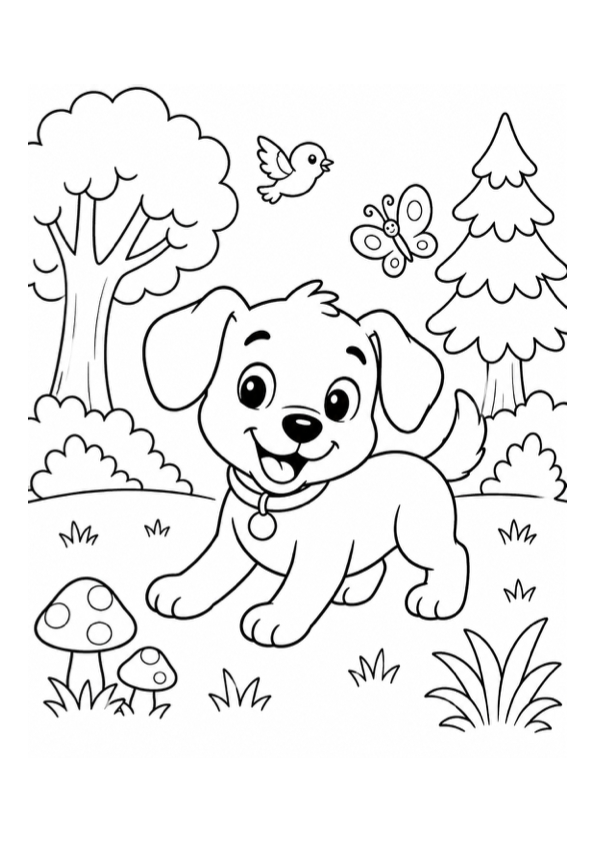 Playful Puppy in the Forest Coloring Page preview