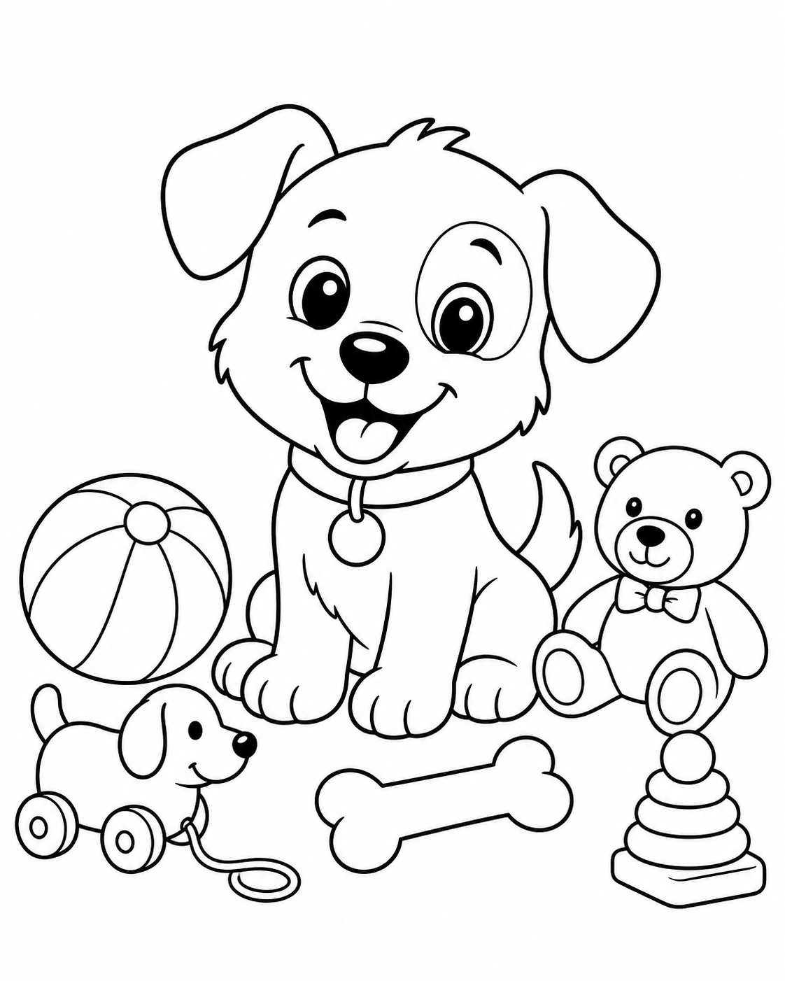Happy Puppy with Toys Coloring Page coloring page