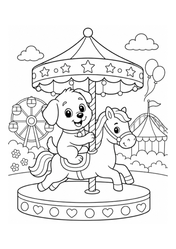 Puppy on a Carousel Coloring Page preview