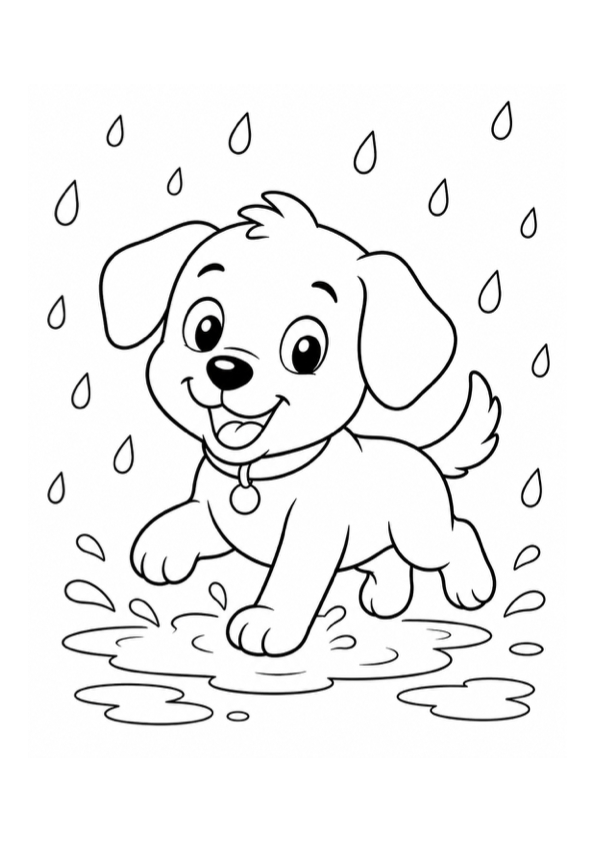 Puppy Playing in the Rain Coloring Page preview