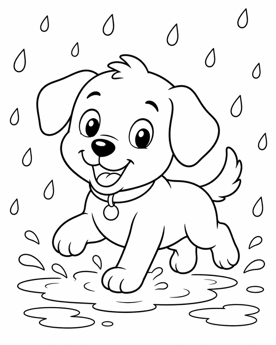 Puppy Playing in the Rain Coloring Page coloring page