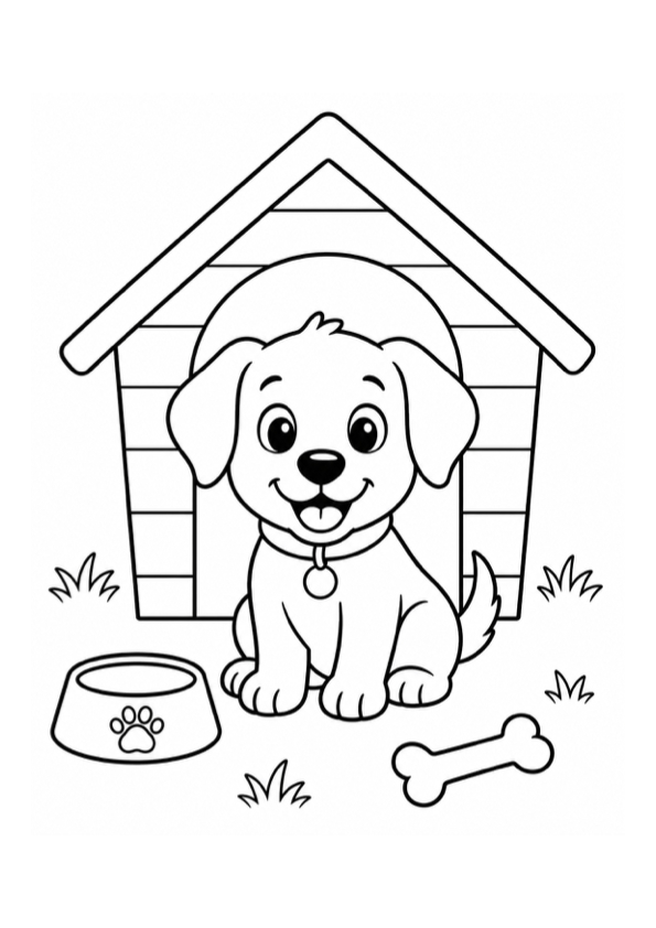 Happy Puppy in a Doghouse Coloring Page preview