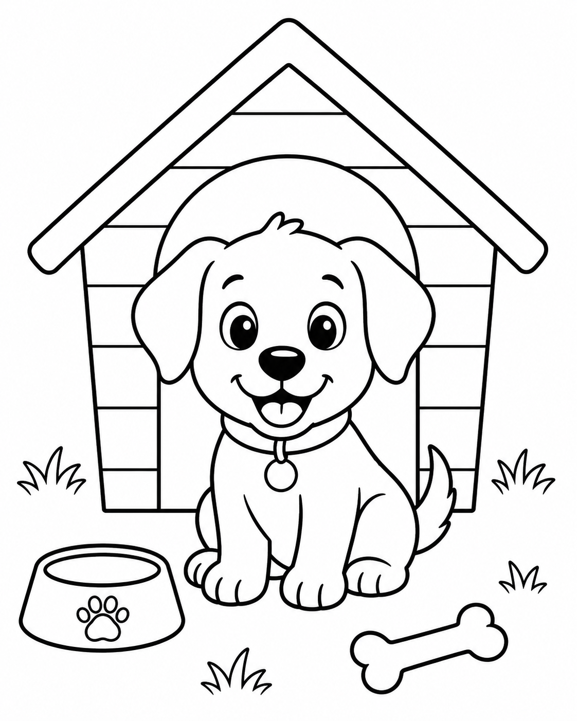 Happy Puppy in a Doghouse Coloring Page coloring page