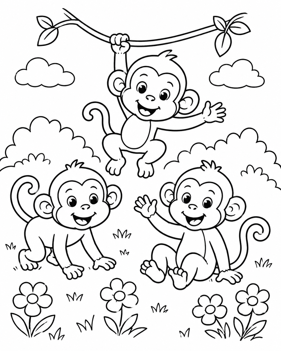 Playful Monkeys in a Meadow Coloring Page coloring page