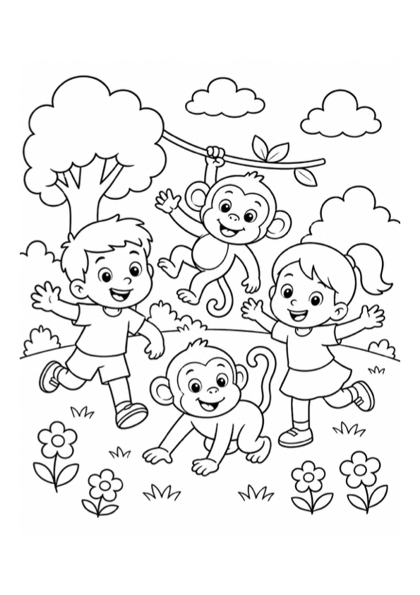 Kids Playing with Monkeys Coloring Page preview