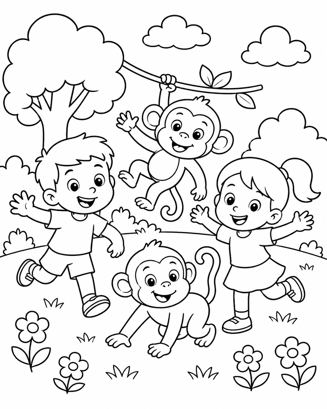 Kids Playing with Monkeys Coloring Page coloring page