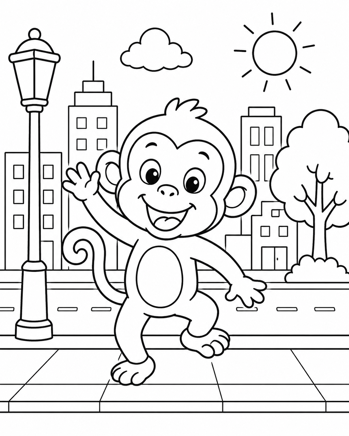 Playful Monkey in the City Coloring Page coloring page