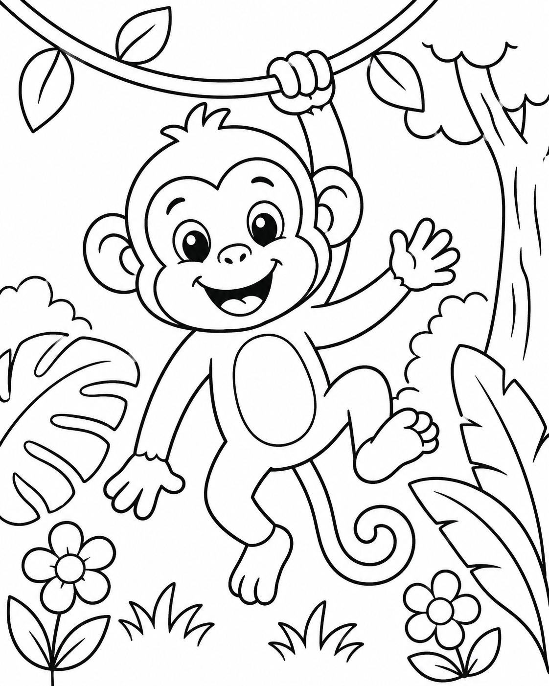 Cheerful Monkey in the Jungle Coloring Page coloring page
