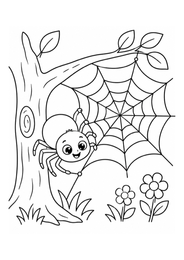 Cute Spider Making a Web Coloring Page preview