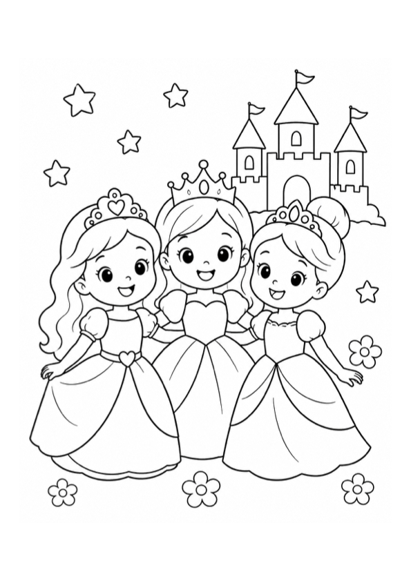Three Princess Girls Coloring Page preview