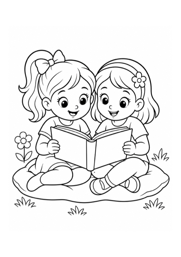 Two Girls Reading Together Coloring Page preview