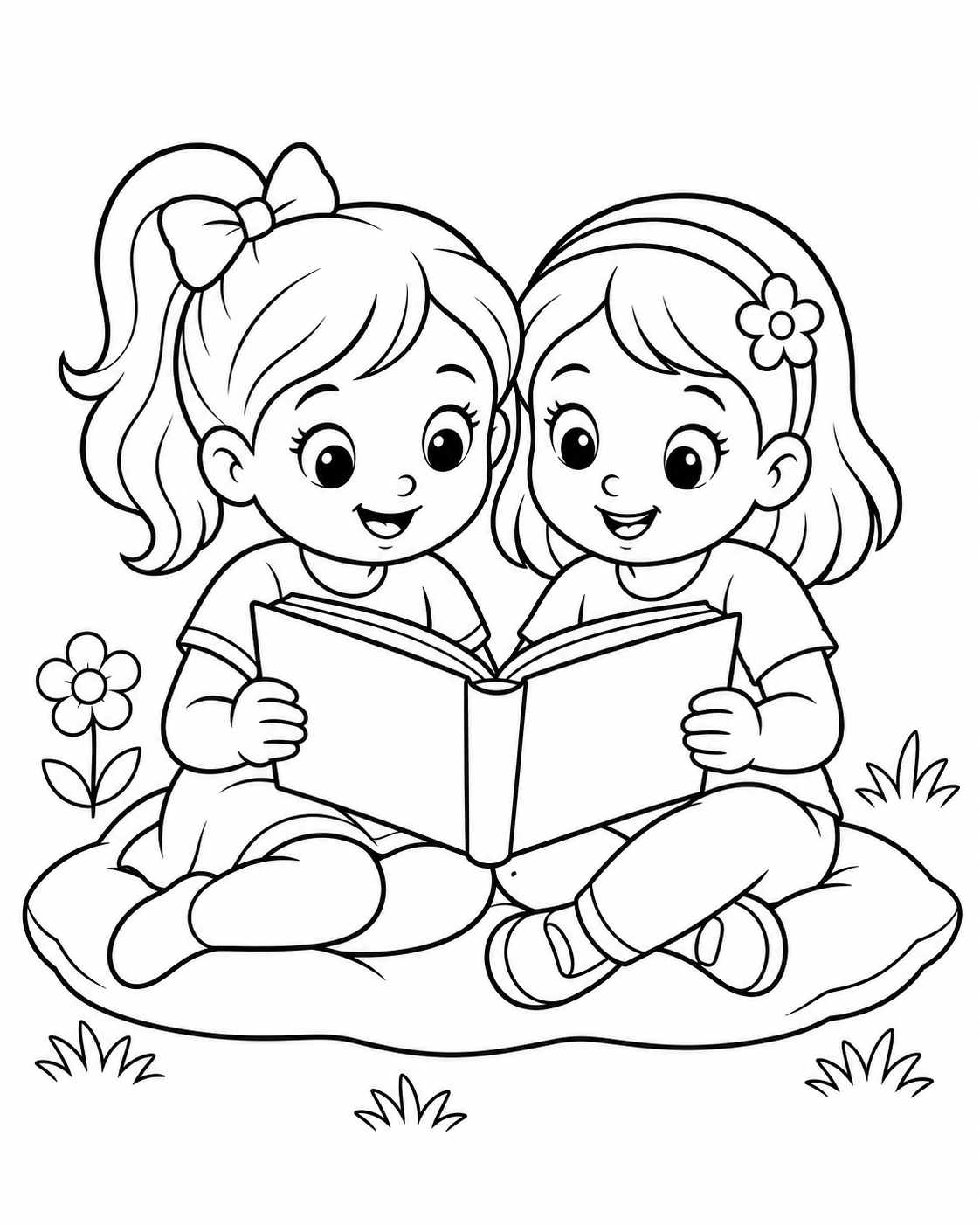 Two Girls Reading Together Coloring Page coloring page