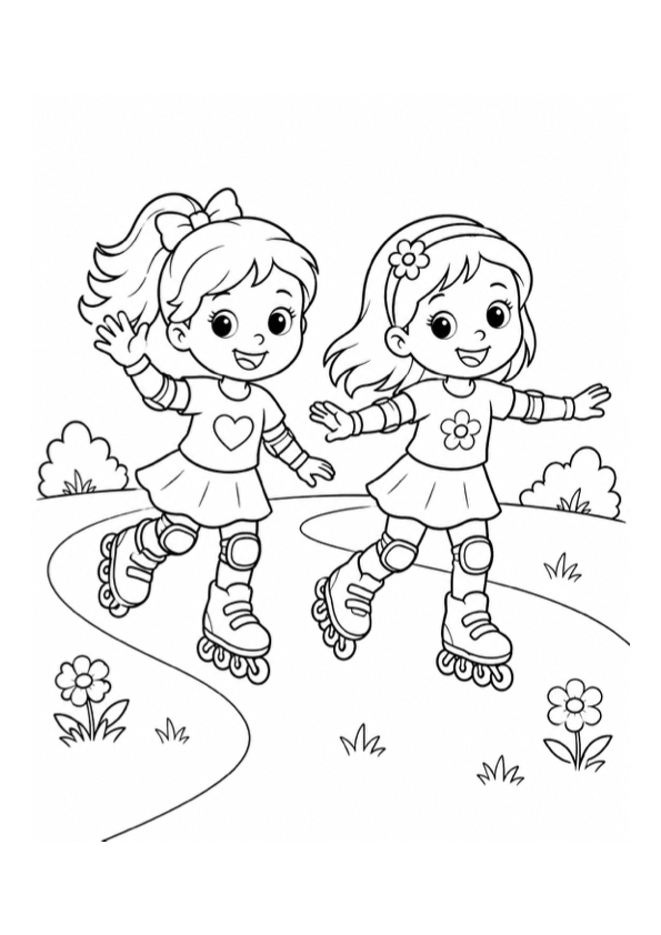 Two Girls Rollerblading Coloring Page coloring page preview